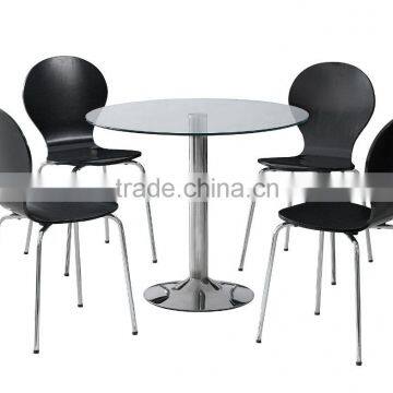 Round glass dining table set with 4 stackable wooden chairs