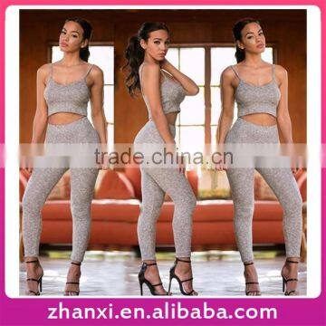Hot fashion sexy suspender sports solid color cotton knit two-piece pants suits women