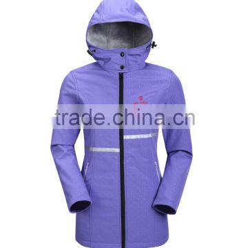 fashional hooded polyester and nylon softshell jacket with reflective stripe