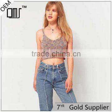 2017 Unique women colorful knit fabrication v-neck thin straps knit crop tops