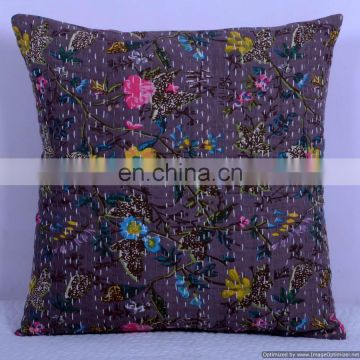Indian Cotton Handmade Grey Floral Paradise Cushion Cover Kantha Throw Pillow Cover Hand Stitched Kantha Cushion Cover