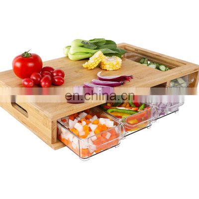 Organic Bamboo Chopping Board with plastic Trays drawers Carving Board with Stackable Containers Easy-Grip Handle