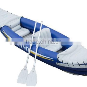 2 men inflatable canoe with paddle