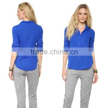 100 % polyester plaid navy blue women fashion 2014 basic shirt