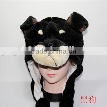 Cartoon Animal Black Brown Dog Plush Warm Hat With Ear Poms