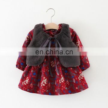 kids clothing Baby girl dress with fur vest Warm Autumn Winter flower dress for 0-4T