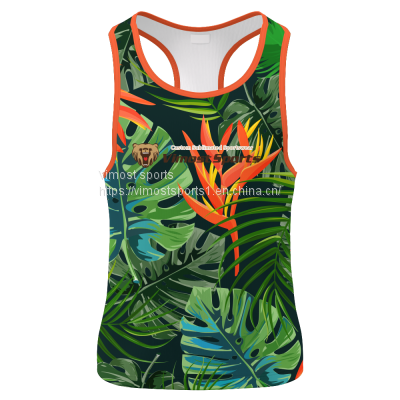 2022 Men's Customized Sublimation Singlet of Green Leaves Pattern