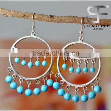 Personalized Big Round Circle Blue Stone Beads Drop Earrings for Women