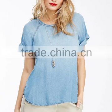 women clothing jean fabric blouse for women of casual short sleeve simple design blouse