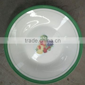 White popular porcelain fruit soup plate , cheap ceramic fruit decorsoup plate with green edge