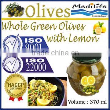 High Quality 100% Tunisian Table Olives,Jar Green Olives with Lemon,Table Green Olives with Lemon 370 ml Glass Jar