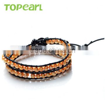 Topearl Jewelry 2016 Stylish Potato Shape Champagne Freshwater Pearl Bracelet Woven Leather Wrap Ladies Bracelets CLL164