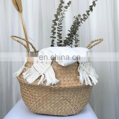 Seagrass Belly Basket, Woven Seagrass Straw Wicker Belly Basket Decorated with Macrame Garland Wholesale