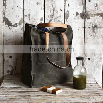 Custom large waxed canavs tote bag with leather handles