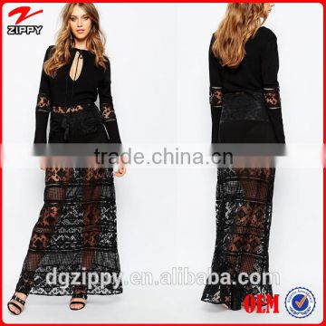Hot Sexy Black Cotton Tassel Flared Sleeves Embroidered Maxi Dresses