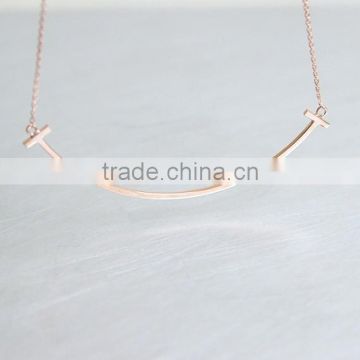 925 Silver Rose Gold T Smile Long Bar Necklace Sterling Silver
