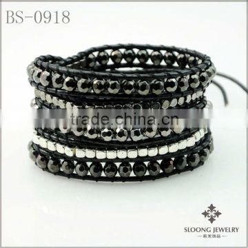 Multi Hematite Magnetic Bead Wrap Bracelet On Black Leather