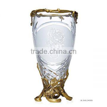 Ornate Crackle Crystal Flower Vase, Home Decorative Footed Bronze Mounted Vase, Hand Engraved Crystal Vase