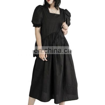 TWOTWINSTYLE Dress Women Square Collar Puff Short Sleeve High Waist Pockets Ruched Midi