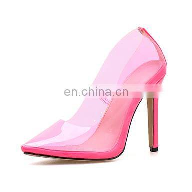 Women transparent pointed toe high heel sandals shoes ladies pink color design clear heel shoe