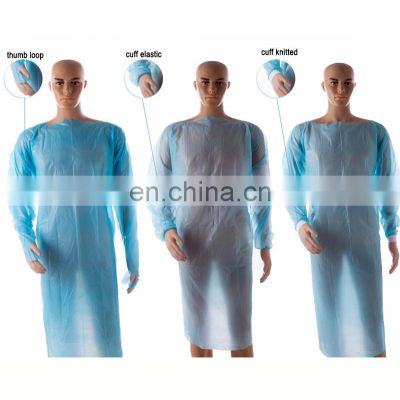Hospital CPE gown with thumb loop thumb hole or elastic cufsf or knit cuffs disposable plastic gown CPE gown