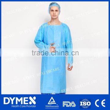 Universal Blue Disposable Nonwoven CPE Impervious Gown With Thumb Up Over Head And Open Back