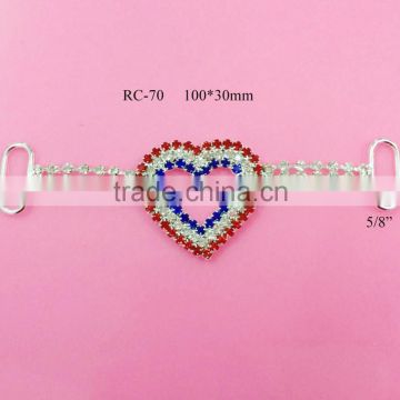 Stock hot selling Factory price red white blue heart rhinestone connector for headband/hairwear for bikini (RC-70)