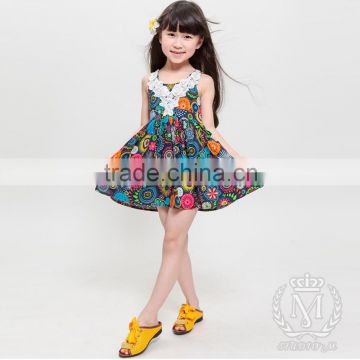 2016 new fashion round neck lace floral printed girls dress                        
                                                Quality Choice
