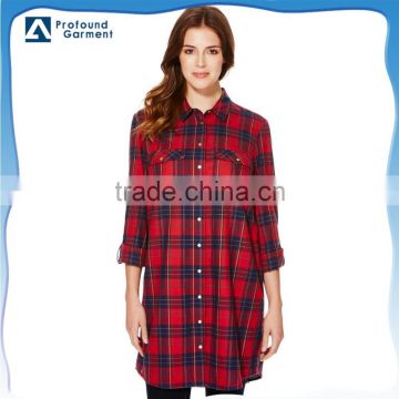 Fashion long sleeve longline extended button up plaid dress shirts for women blouses