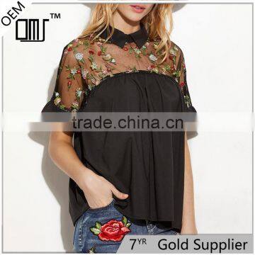 Hot sell embroidered ruffle cuff sheer tie back blouse neck designs cutting