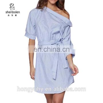 CH339 Wholesale Price off One Shoulder Striped Women Shirt Dress with Belt