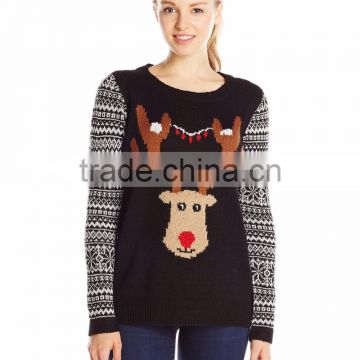Women Black Sweater Jacquard Santa Reindeer Pattern Christmas Sweater Patterns