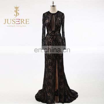 Newest Fashion Lace Black Long Sleeves Theath Evening Dresses 2016 Key Hole Front Side Split Sexy Prom Dresses