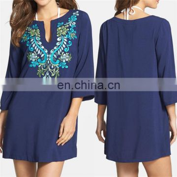 Dark Blue Bohemian Embroidered Three Quarter Sleeve Short Summer Beach Dress Cotton Tunic Women Beachwear Sarong plage