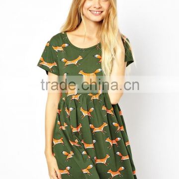 100% Cotton short sleeve woman office dress with cute fox print