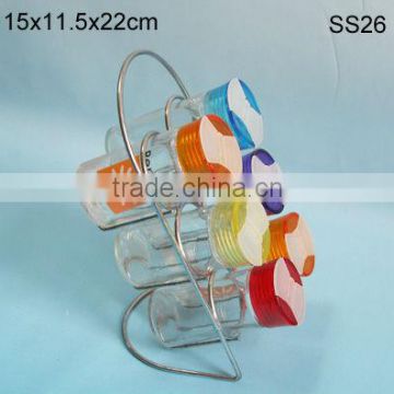 simple popular clear cylinder glass spice cruet jar set with iron rack