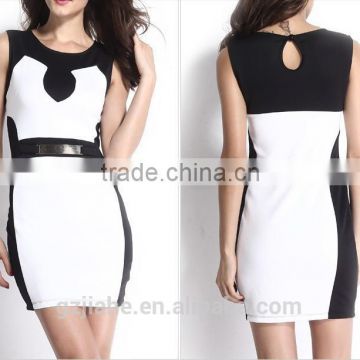 New Summer Sleeveless O-neck Black White Patchwork Cut Out Brief Short Bodycon Casual Dress Women Club Dresses