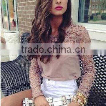 wholesale embroidery women long sleeve sweety lace slim t-shirt