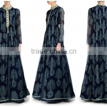 Capricious Navy Blue Georgette Designer Gown/Women Gown Dresses Online