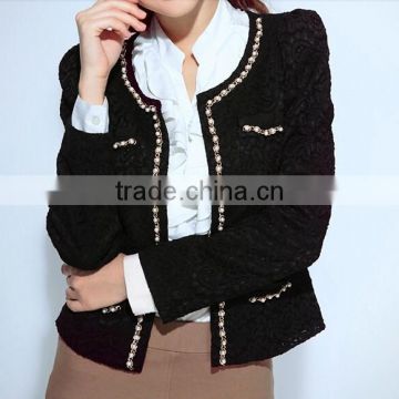 2015 ladies quality beaded coat long sleeve oem wholesale factory black jackets