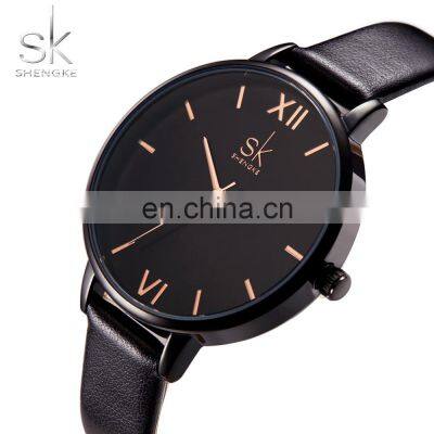 SHENGKE Woman Men Black Watchs Roman Number Dial Handwatch Womens Personalized Quartz Wacth   K0039L