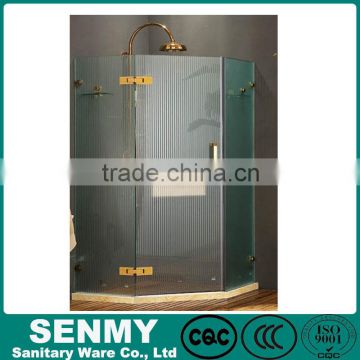 Manufacture foshan pattern glass shower room with glass shelf 3 sides panel obscured glass gold hexagon complete shower room