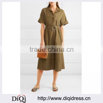 Wholesale Ladies Apparel Army-green Short Sleeves Belted Taffeta Midi Dress(DQE0398D)