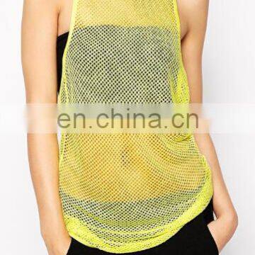 New young fashion transparent yellow mesh tank tops for ladies
