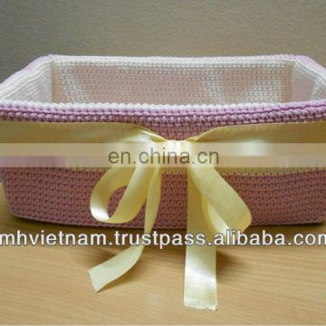 Cream pp yarn crochet holder basket with beige lace
