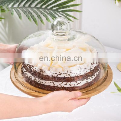 Food Grade Transparent Dustproof Cake Glass Cover Food Cover Cake Pan Glass Cover With Bamboo Tray