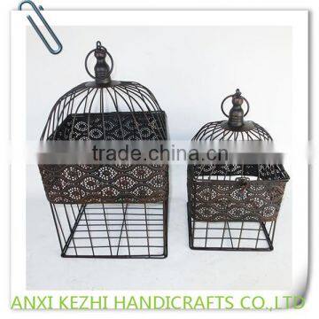 KZ150263 Antique Set of two Wrought Iron Metal Hanging Square Birdcage