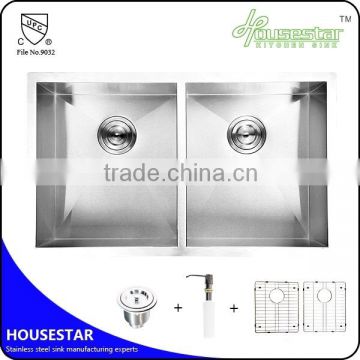 HS3219 CUPC approved undermount double bowl handmade stainless steel kitchen wash sink with brush finish