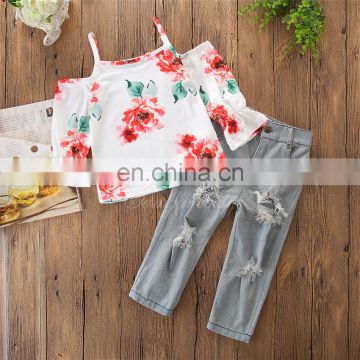 Girl Summer 2PCS Outfit Kids off shoulder flower print tops & broken-hole jeans set