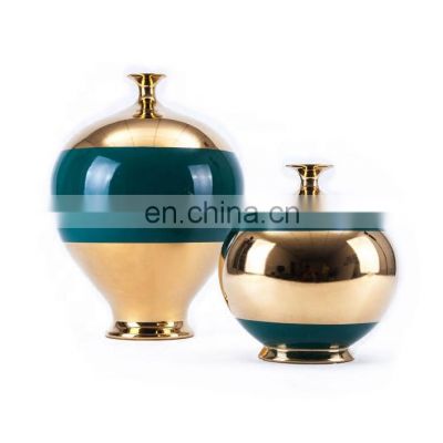 Porcelain  Gold And Silver Border Big Belly Small Neck And Small Mouth Dark Green Ceramic Vase Porcelain Vase